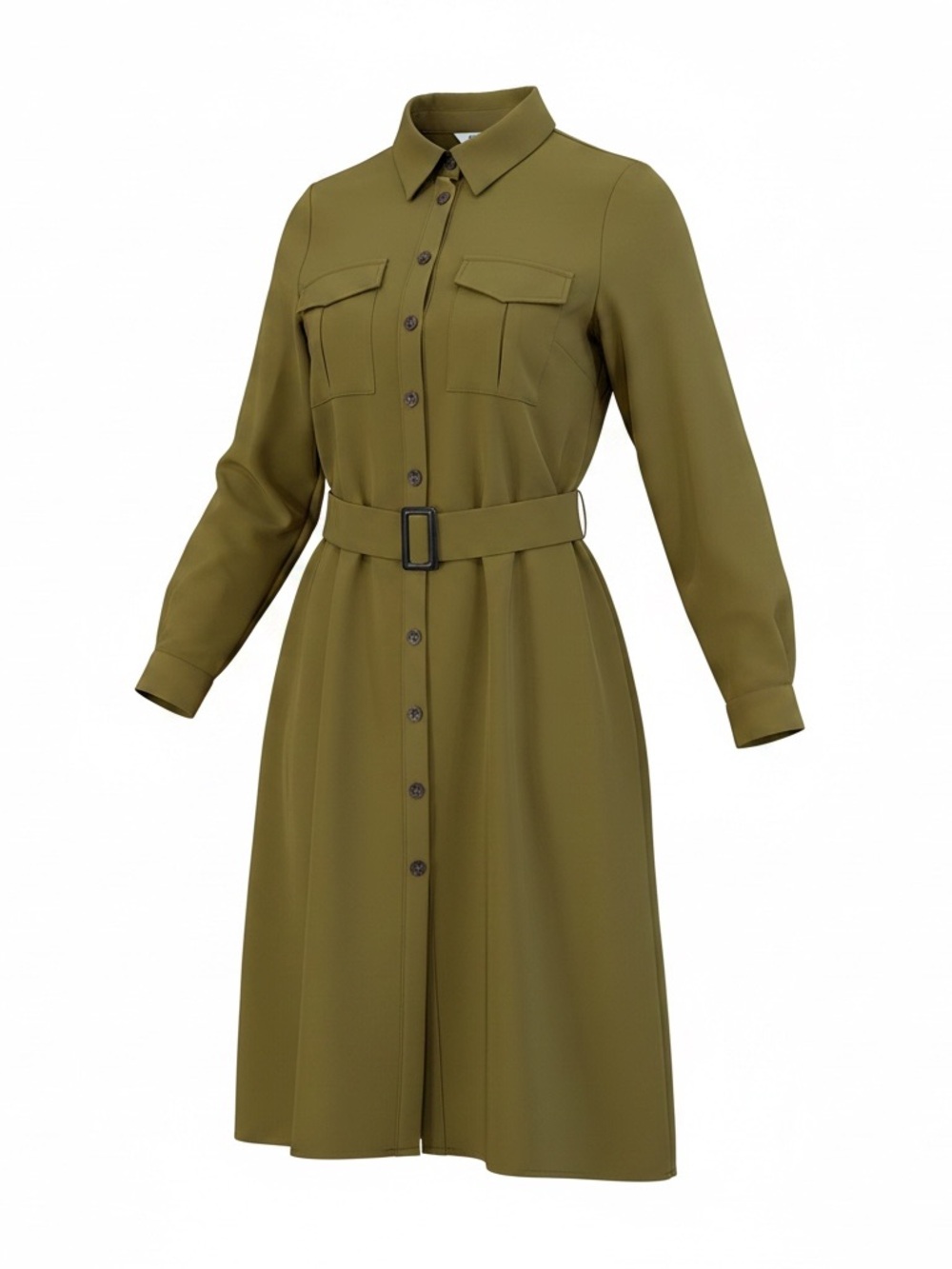 Olive Green Belted Shirt Dress